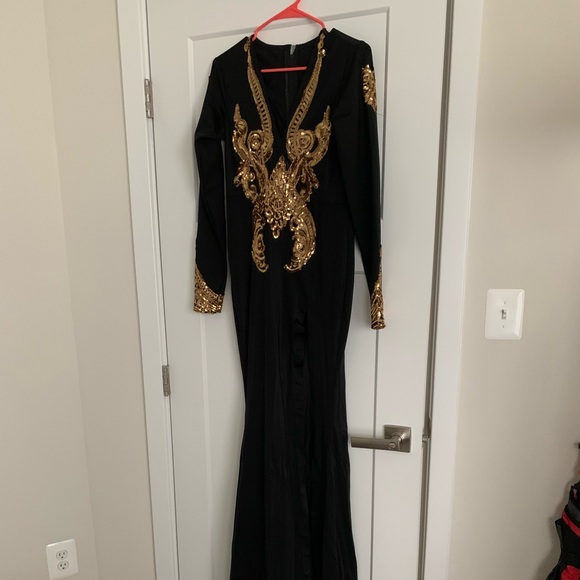 Dresses & Skirts - Custom Black and Gold Dress with Appliqués and Train